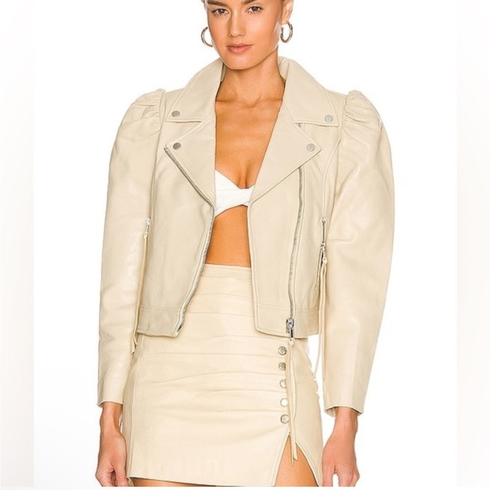 Retrofete Lo Cream Leather Jacket moto biker puff shoulder Revolve NWT $895 L